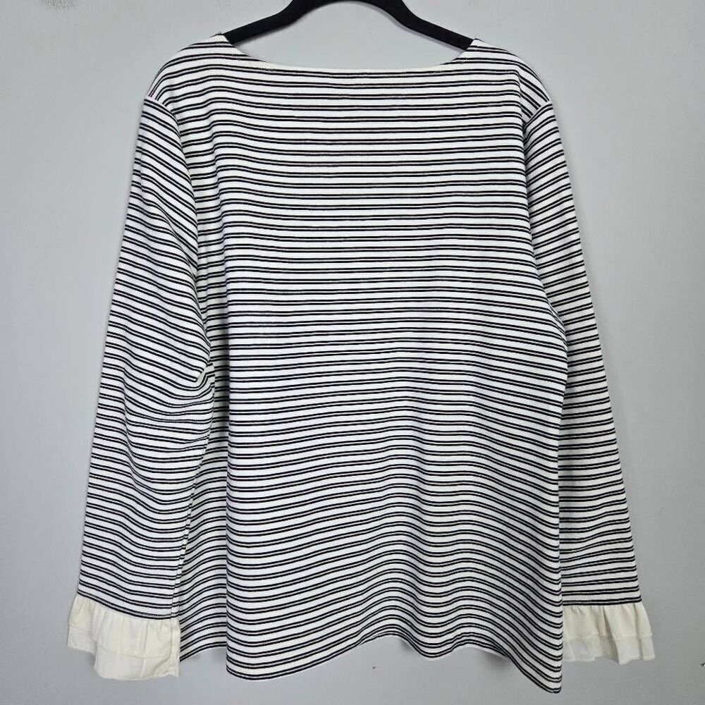 Talbots Womens Ruffle Long Sleeve Top XL Black Stiped Nautical Old Money Preppy - Picture 2 of 8